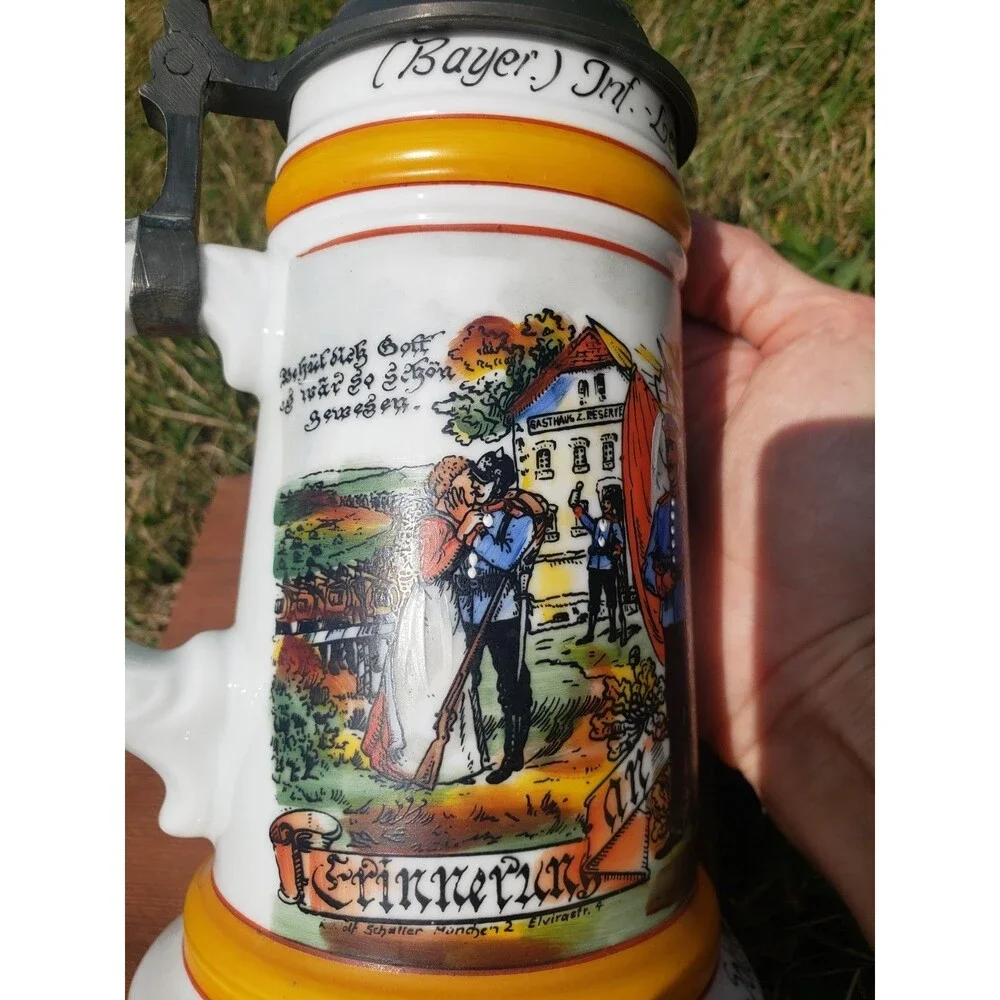 German Regimental Beer Stein Konig Munich Lithopane 1907-10 w/Pewter Lid Handle